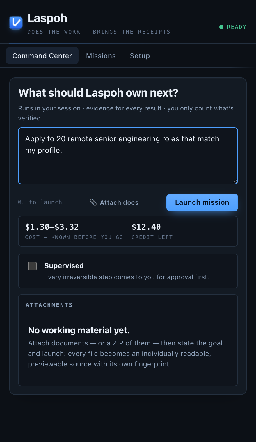 The Laspoh panel showing a goal, the cost estimate and remaining credit.